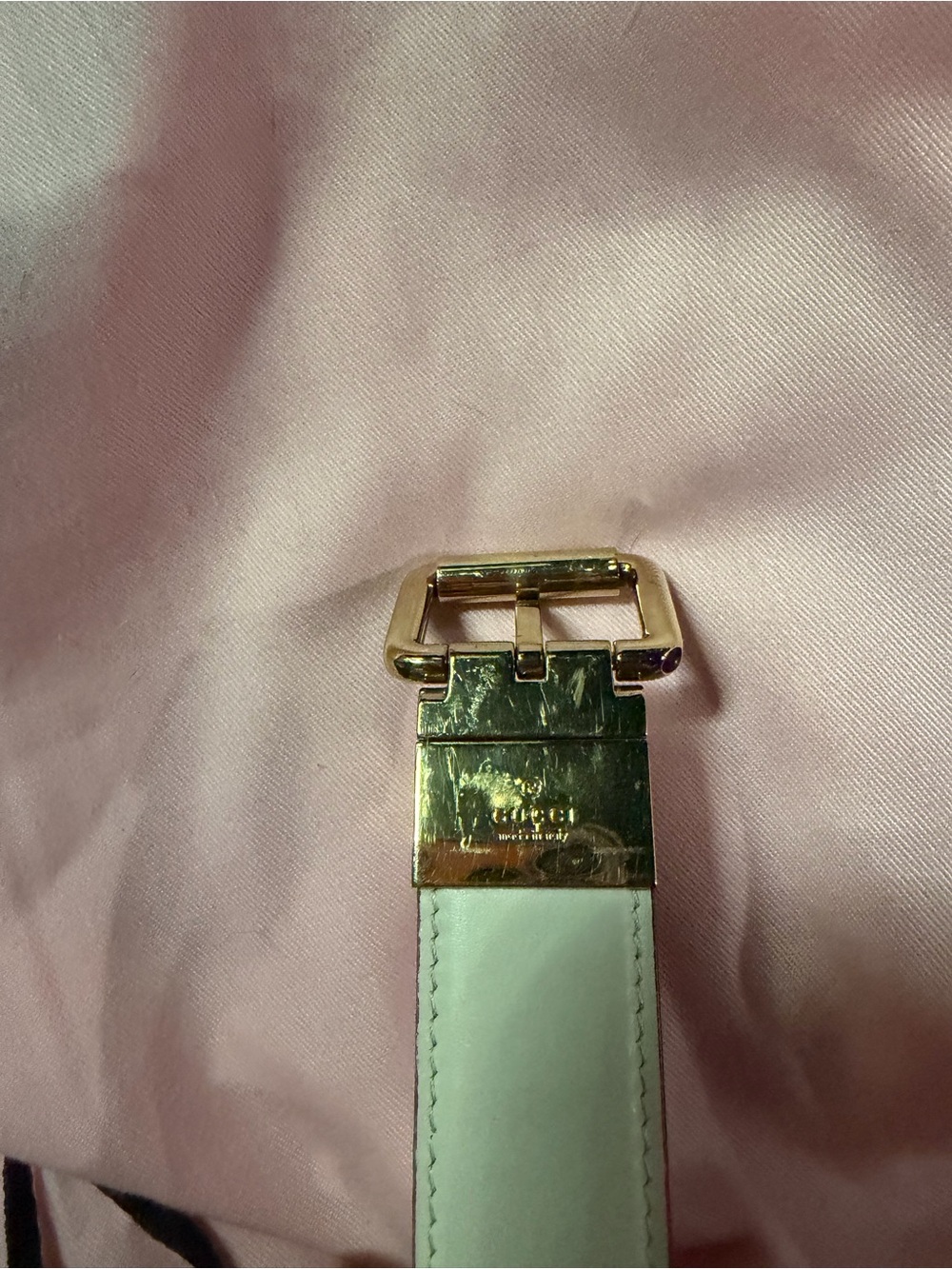 Gucci Beige and Blue Monogram Belt with reversible Gold Buckle(rare design) - Picture 2 of 9